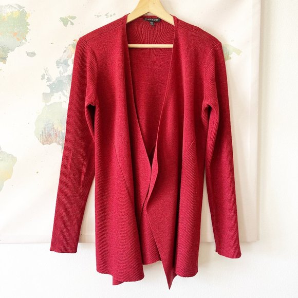 Eileen Fisher Sweaters - Eileen Fisher Sweater Size Medium Cardigan Red Wool Open Front Ribbed Draped